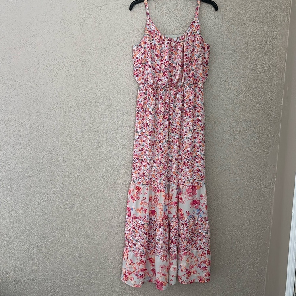 Women’s Elle Maxi Dress Floral Print Pink Blue Orange Spaghetti Straps, Large